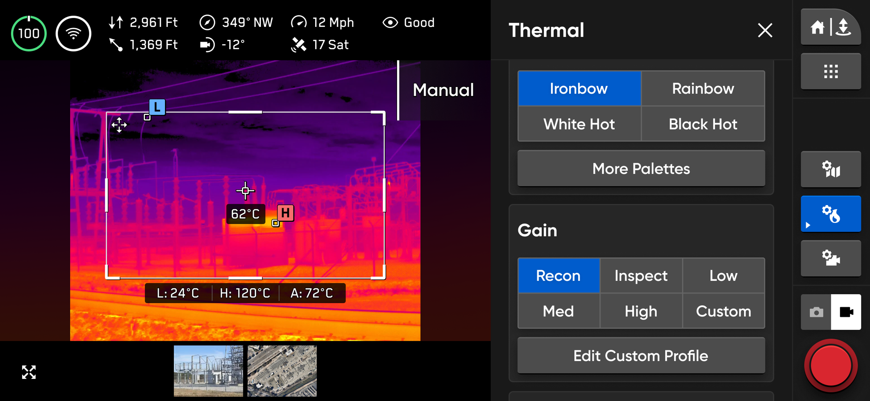 Skydio drone controller interface showing a thermal image of an electrical substation