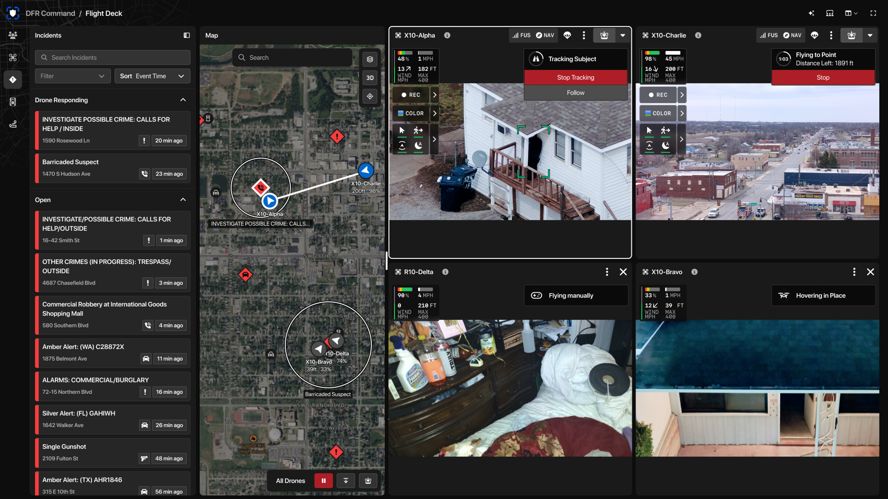 Skydio DFR Command Software dashboard remote flight deck responding to multiple  incidents 