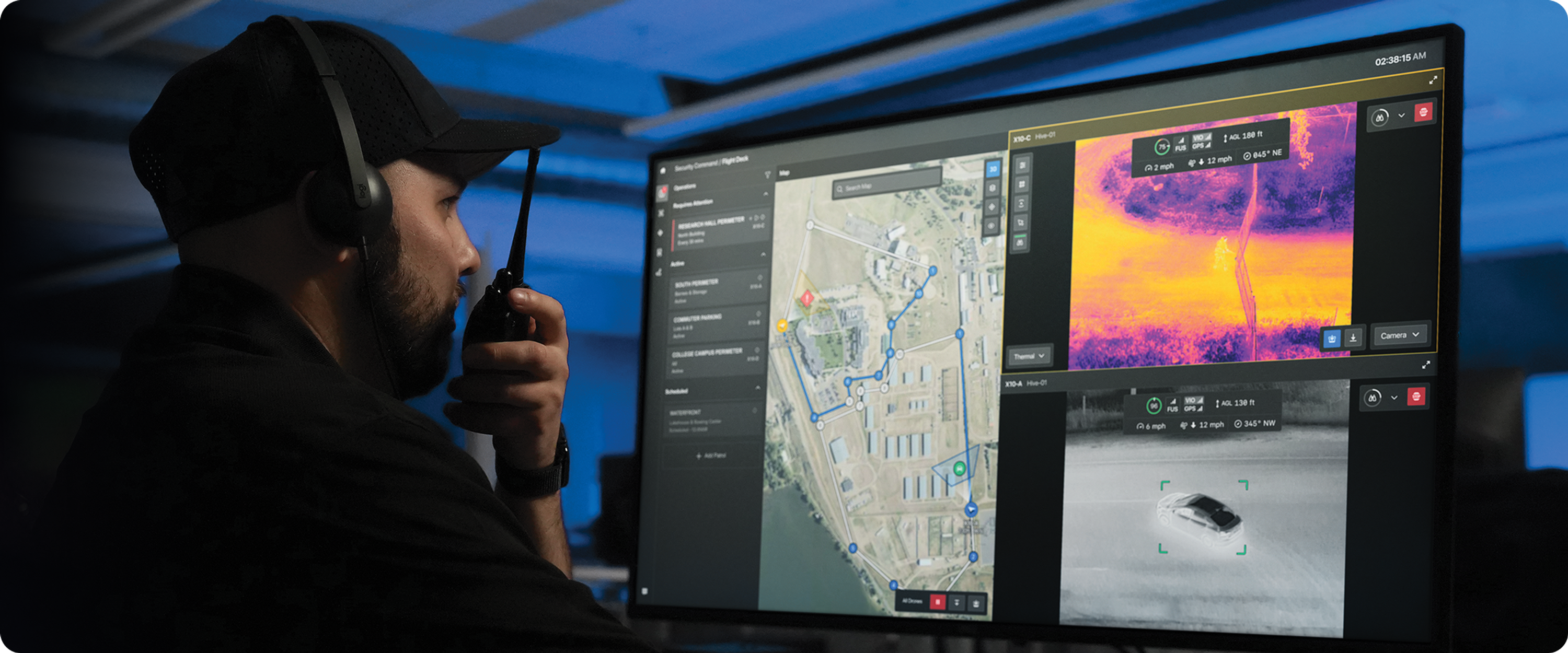 Skydio X10 on autonomous patrol at fence line 