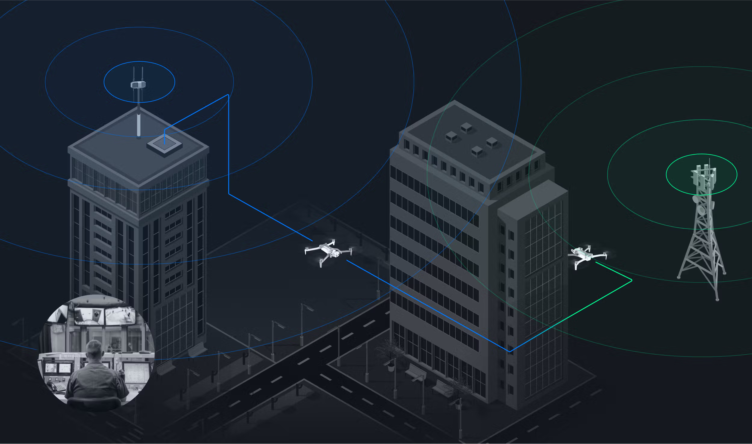 Skydio Connect Fusion delivers continuous connectivity to X10 using point-to-point connectivity when in radio range with seamless transition to cellular when not.