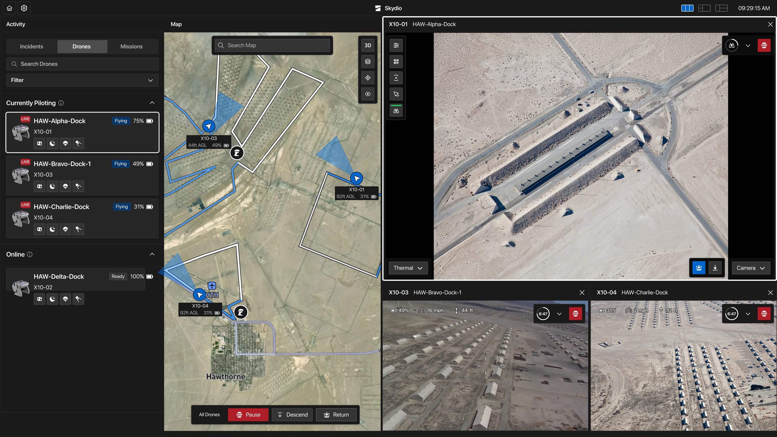 Skydio Cloud Ui showing 3 drones in flight performing automated patrols