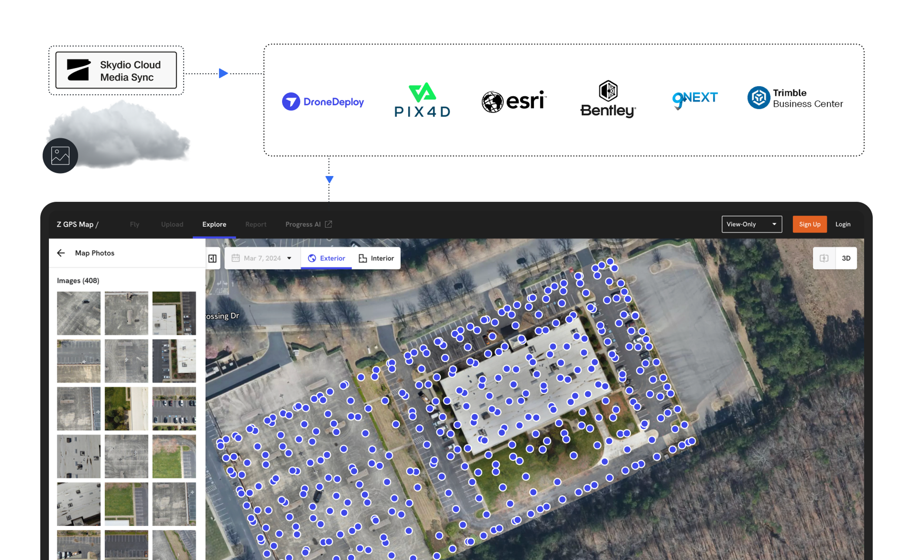Skydio Cloud has native integrations into photogrammetry programs like Dronedeploy, Pix4d, esri ArcGIS, Trimble, Bentely, gNext, and more