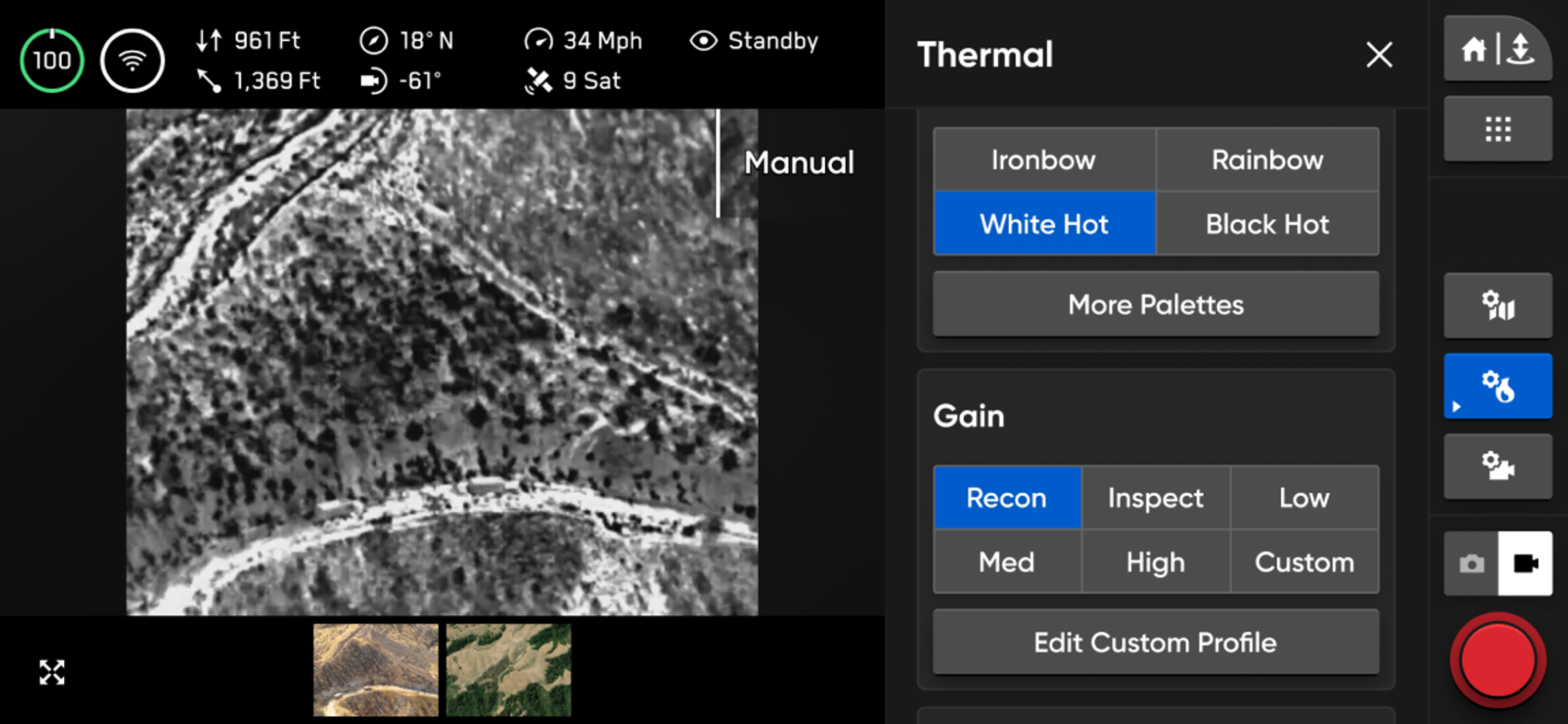 controller interface showing a thermal image of a convoy in hilly terrain as seen from a Skydio national security drone 