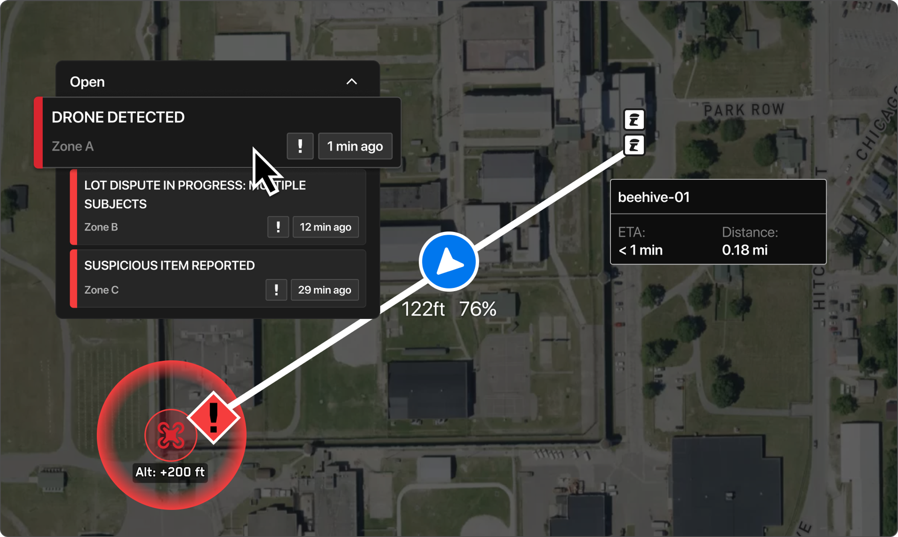 Unauthorized Drone in area alert, Fly Skydio X10 to location UI overlay on live feed