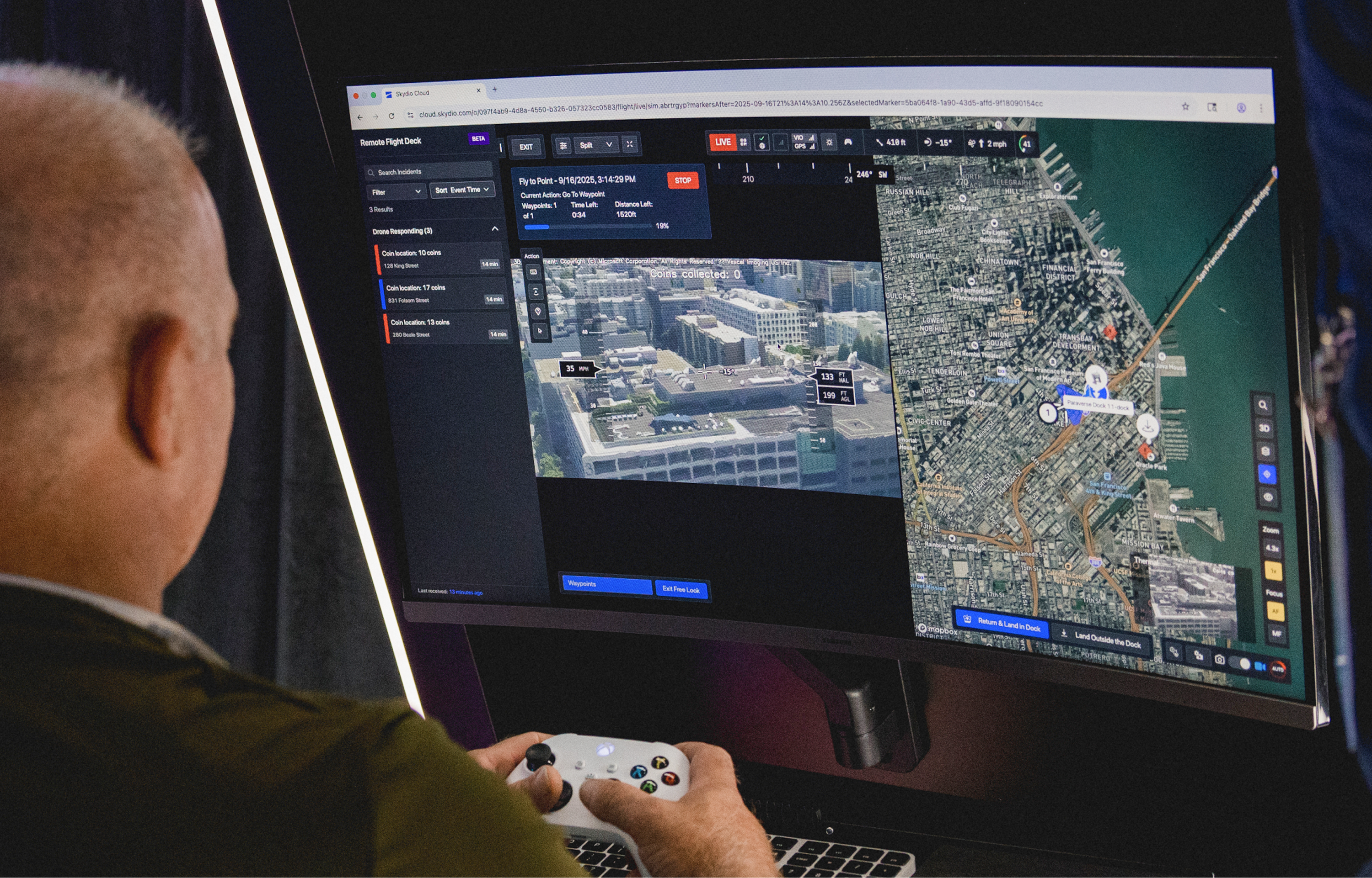 Man and flying a mission on training platform Skydio Paraverse. 