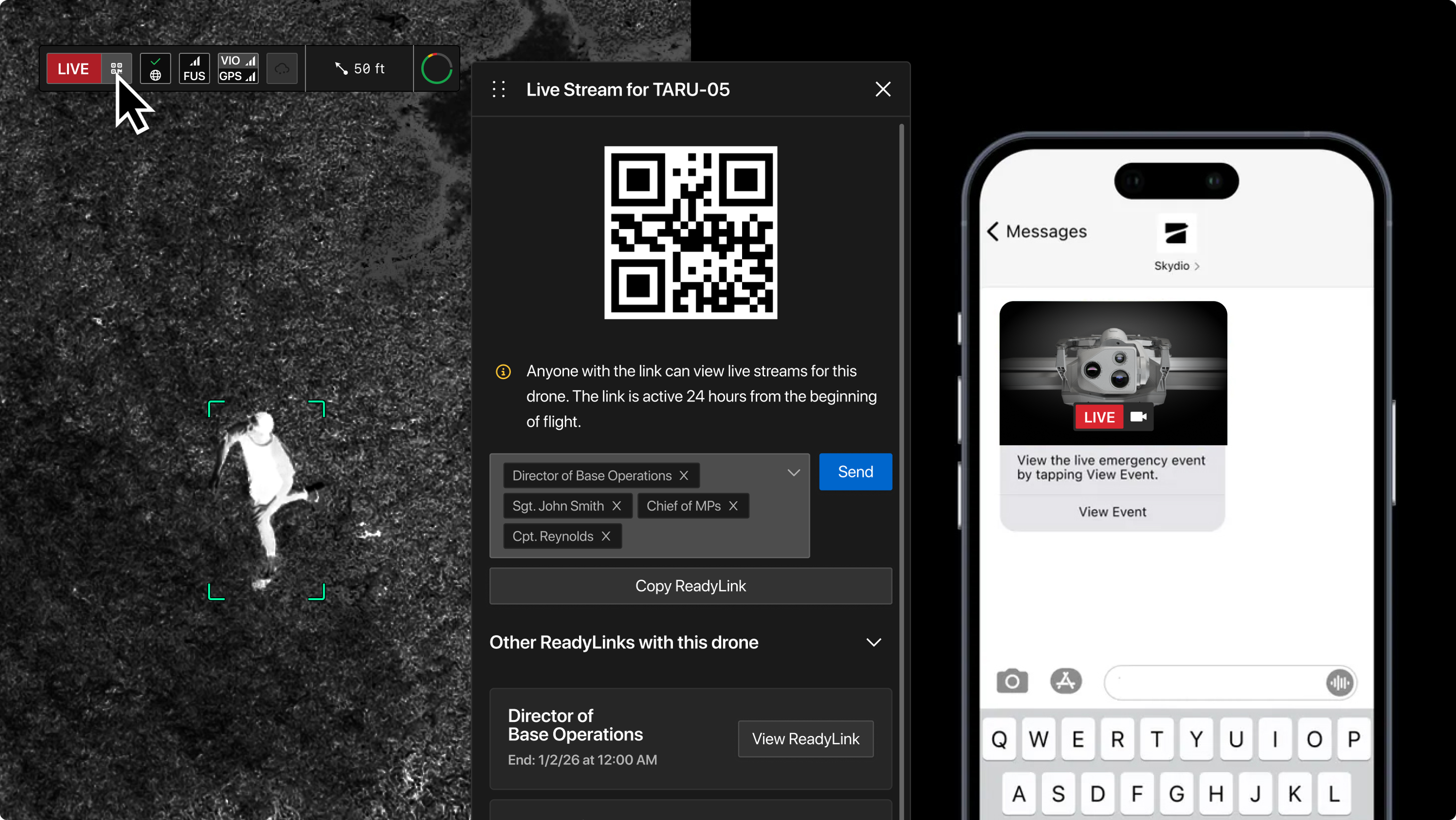 Send a Skydio Readylink of live stream to operations team to keep everyone informed 