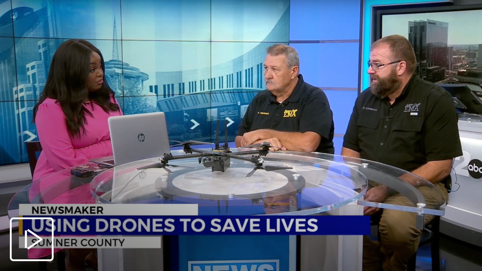 image from newscast with Sumner County first responders talkinga bout using Skydio drones to save lives