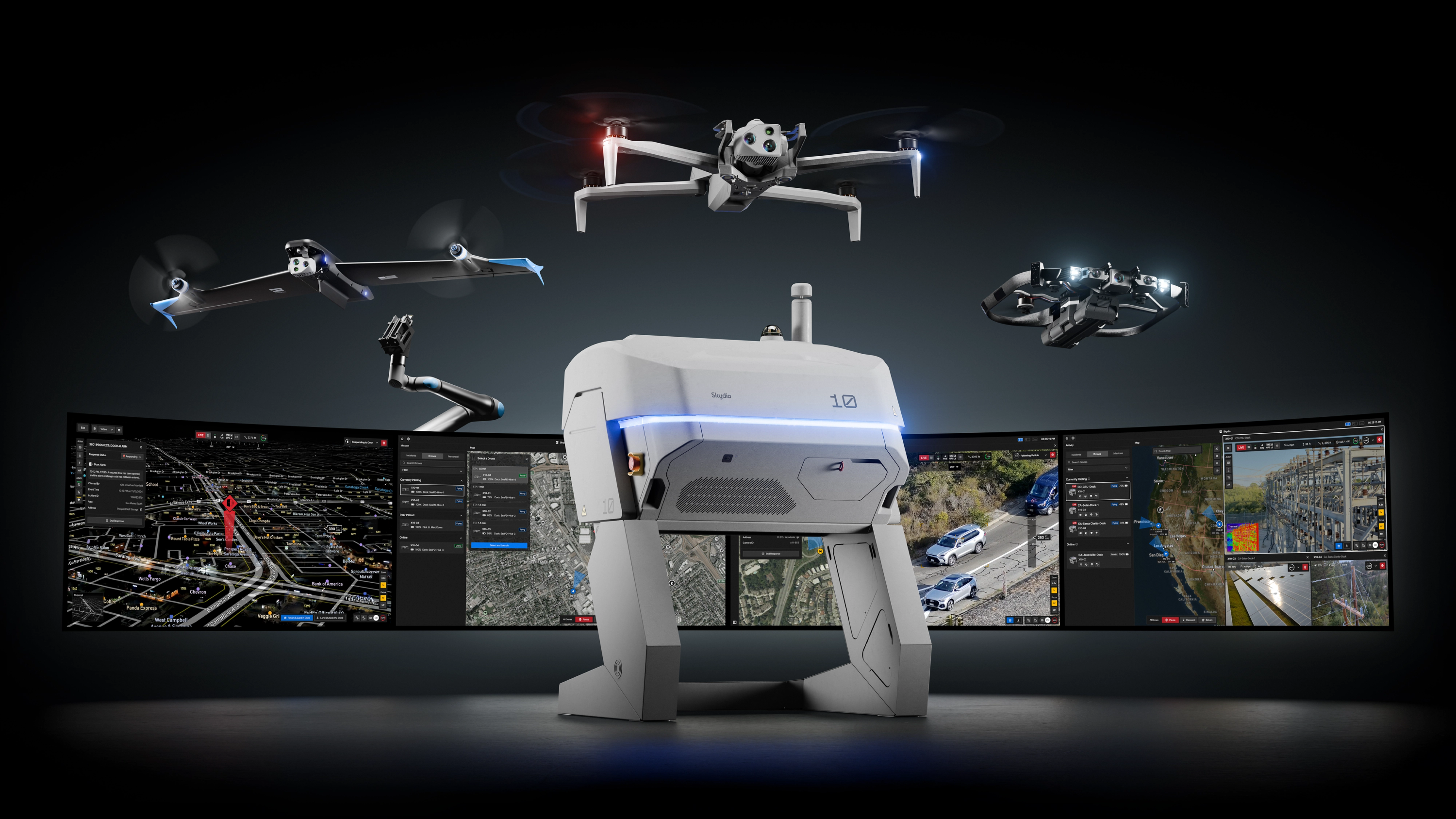 The Skydio Platform family grouping, X10 Dock for X10, R10 and DFR Command