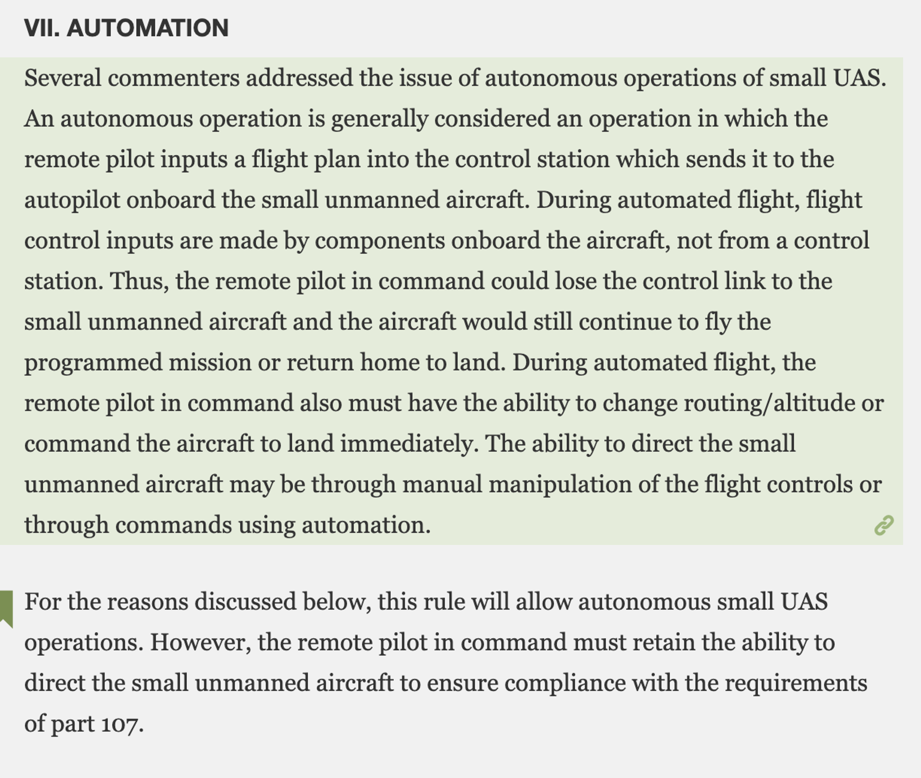 this rule will allow autonomous small UAS operations FAA