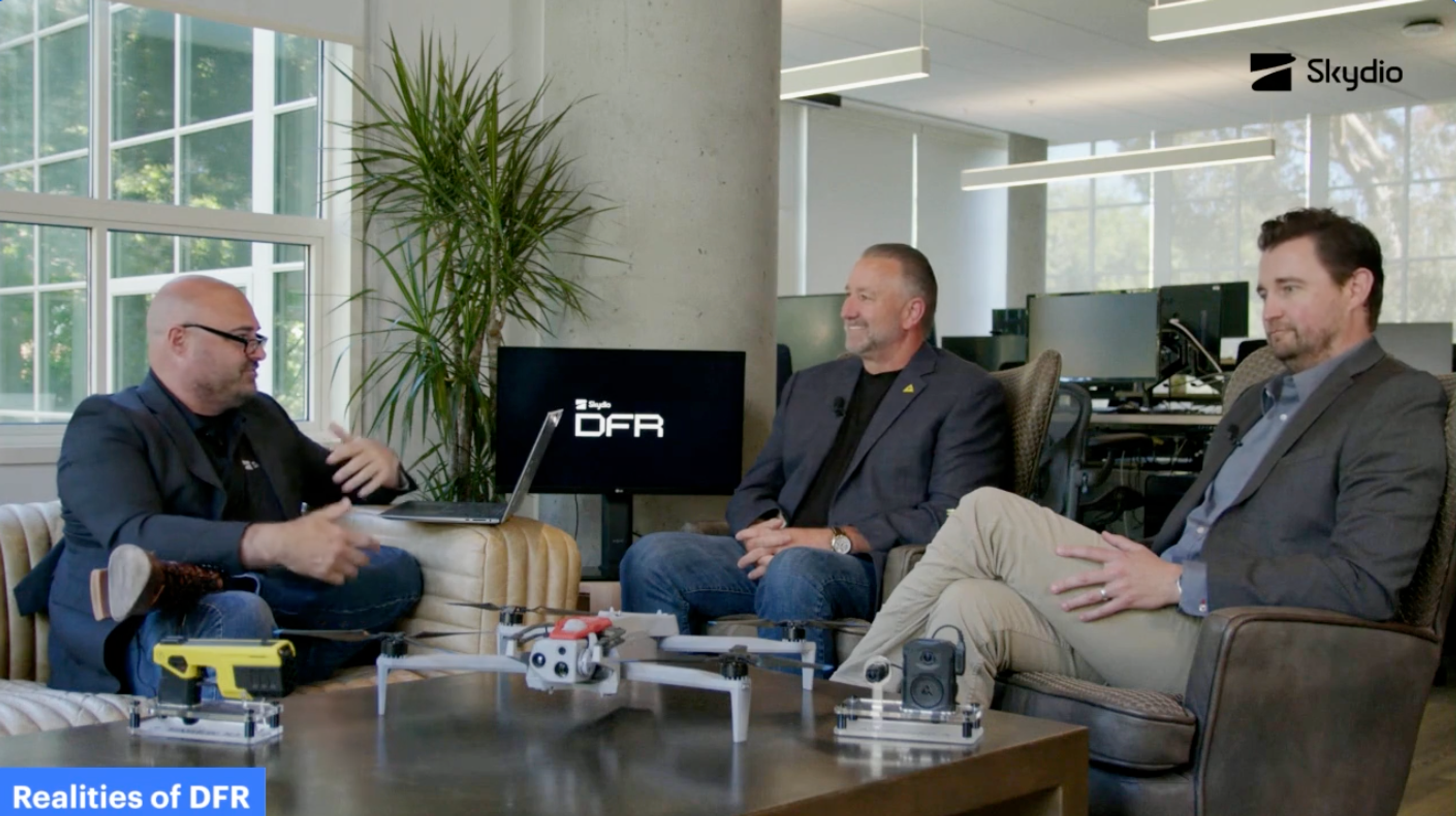 Skydio’s Phil Gonshak talking with public safety drone leaders Kabe Termes (Skydio) and Vern Sallee (Axon) about DFR