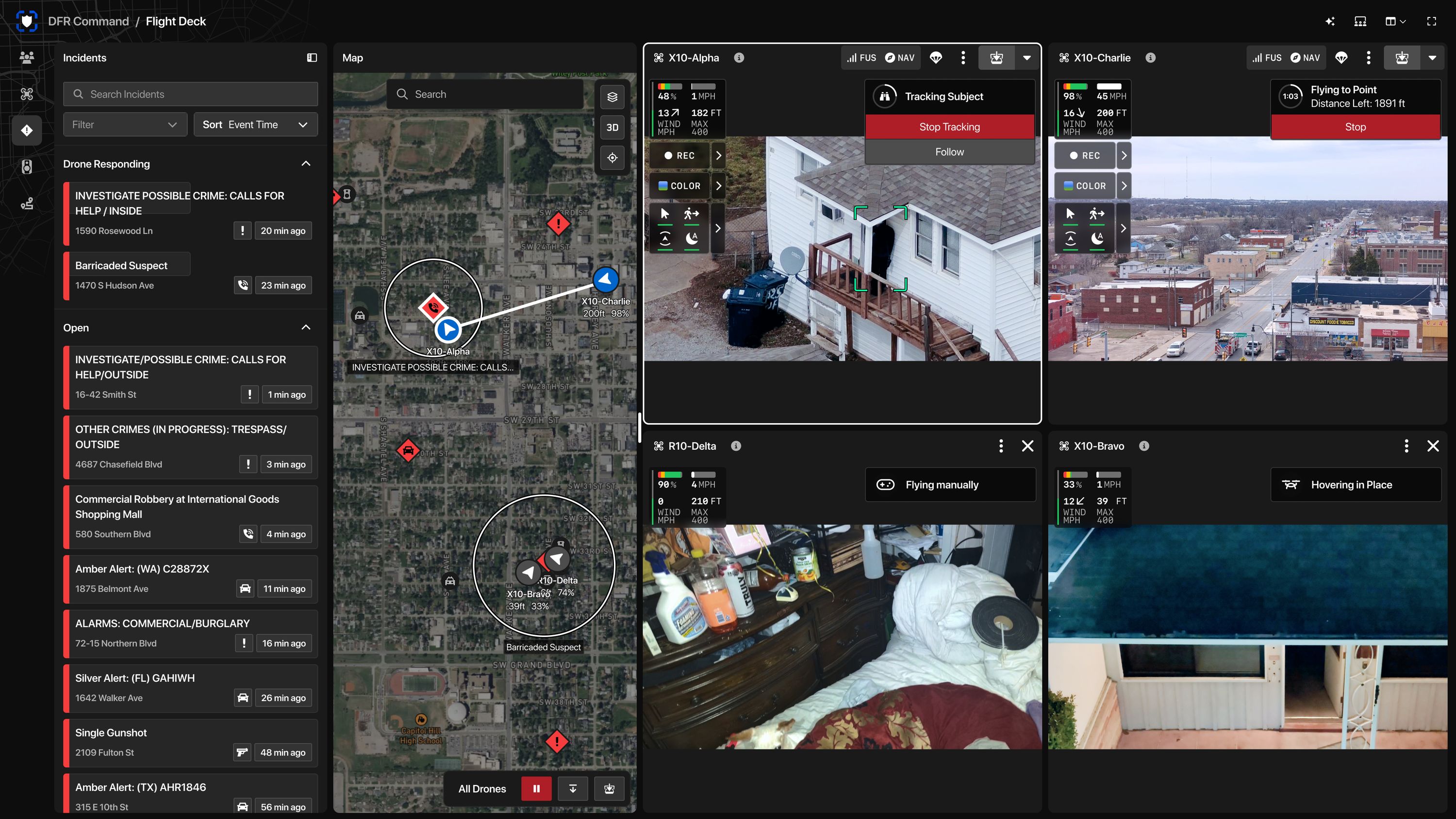 Skydio DFR Command interface showing incident calls, a live map and drone video feeds