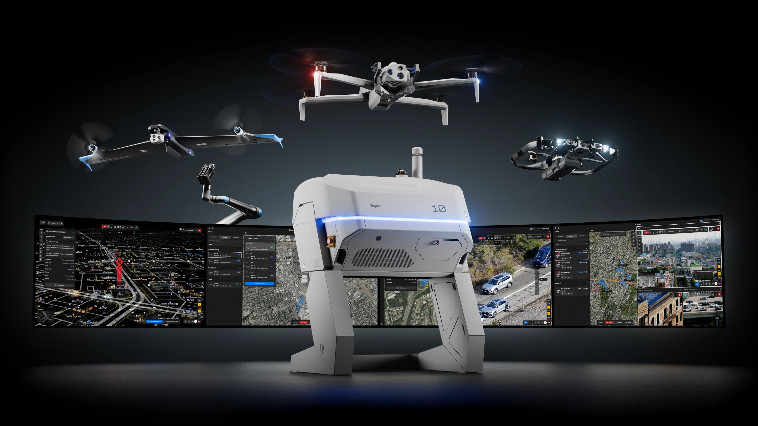The Skydio Platform family grouping, X10 Dock for X10, R10 and DFR Command 