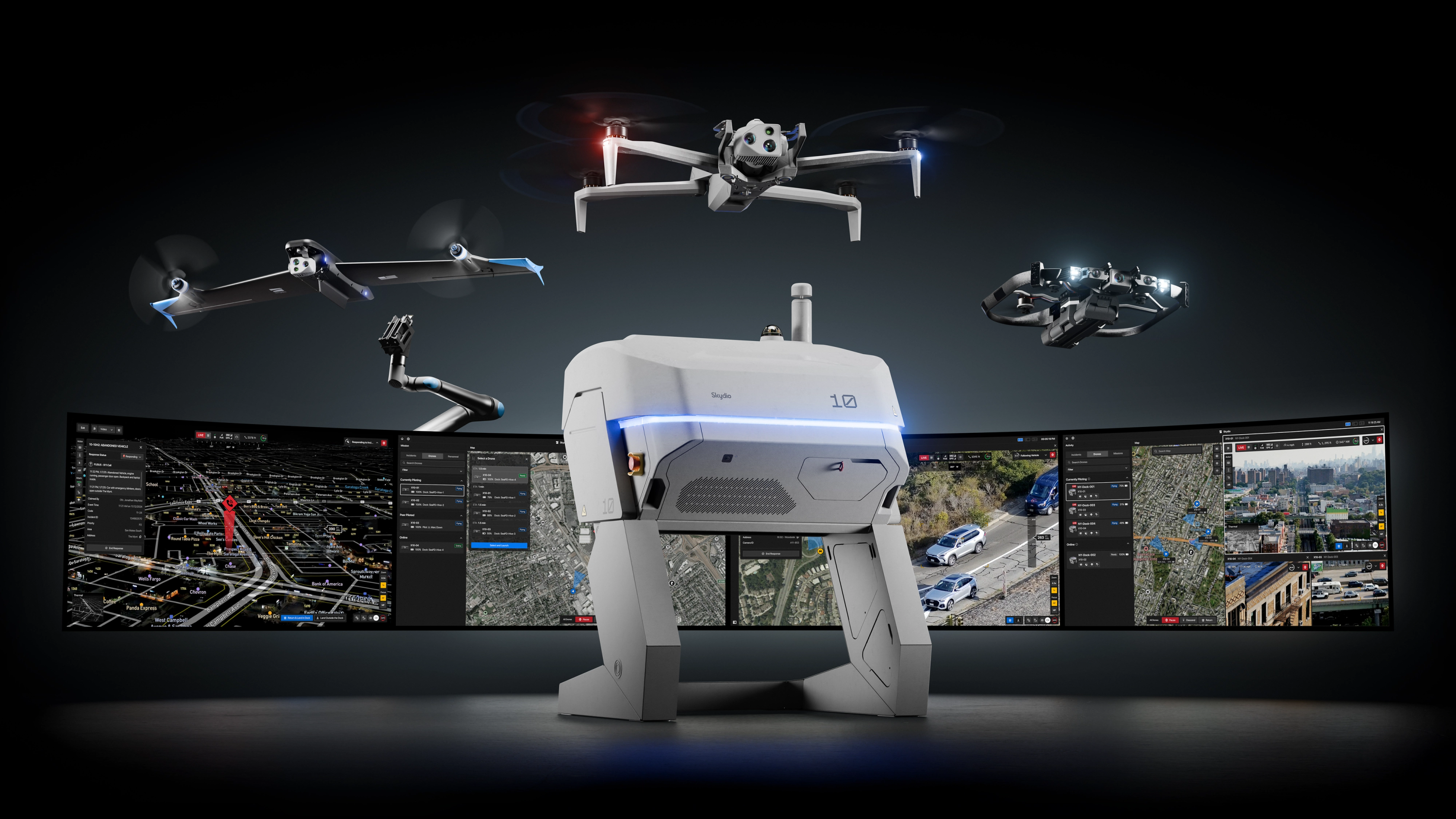 The Skydio Platform family grouping, X10 Dock for X10, R10 and DFR Command