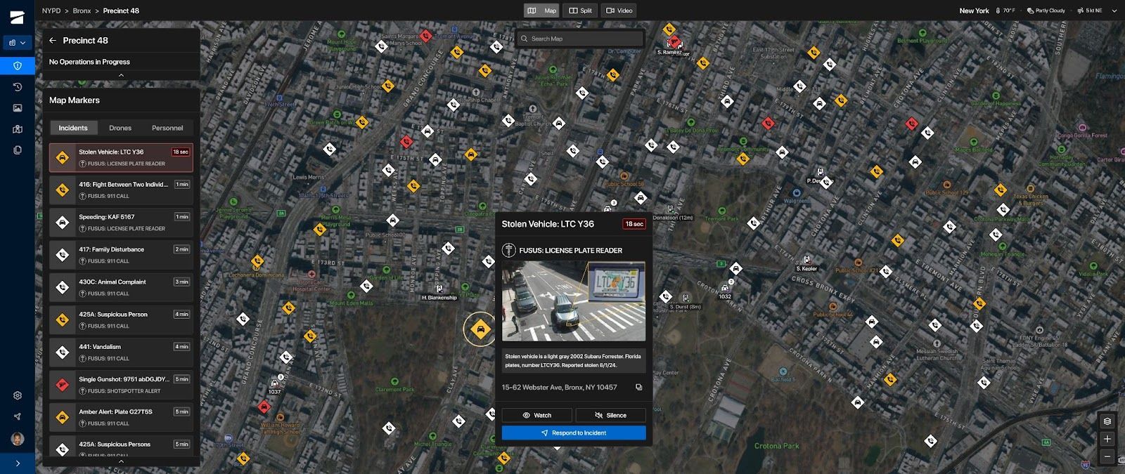 DFR Command user interface with overhead view of city