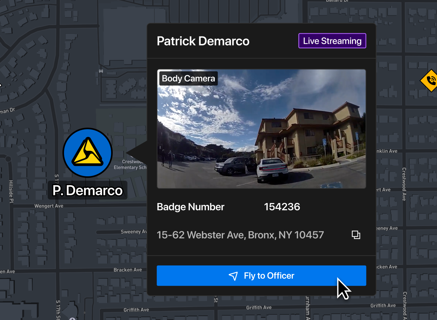 Screen showing DFR Command interface with integration to Axon body worn camera enabling a drone to fly to the officers location