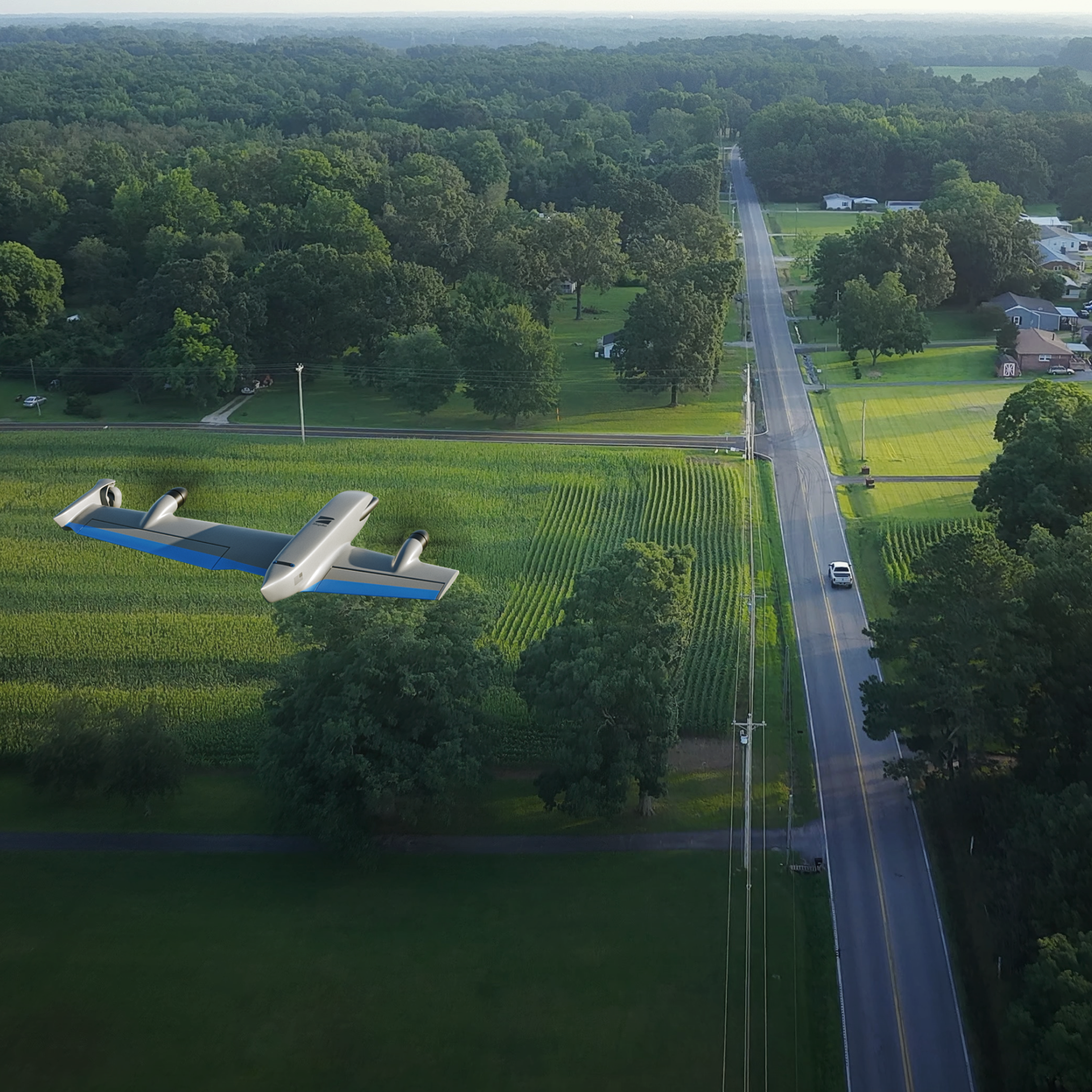 Skydio F10 in flight over state road in rural area