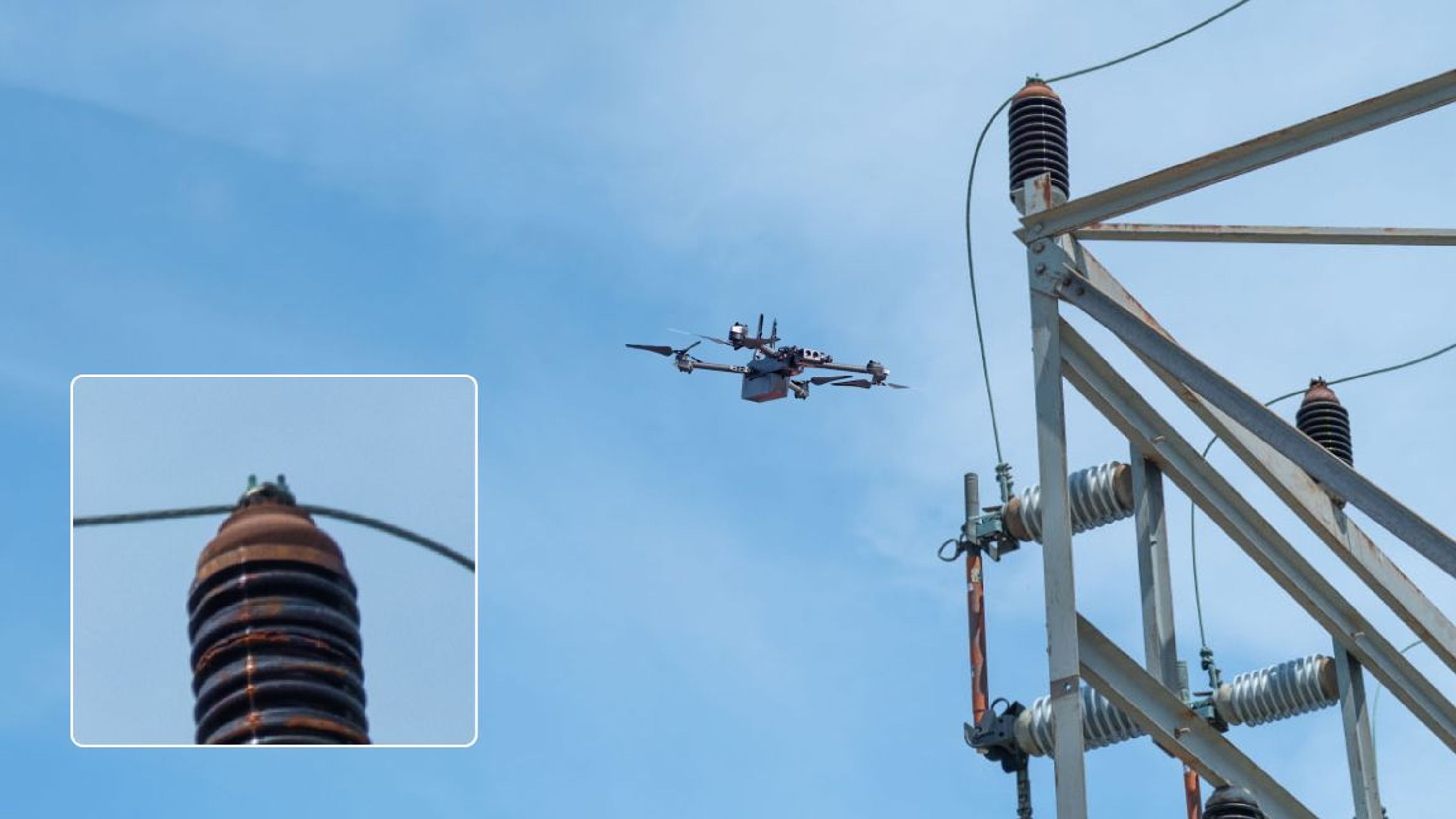Skydio utility inspection drone flying near EMI charged electrical infrastructure