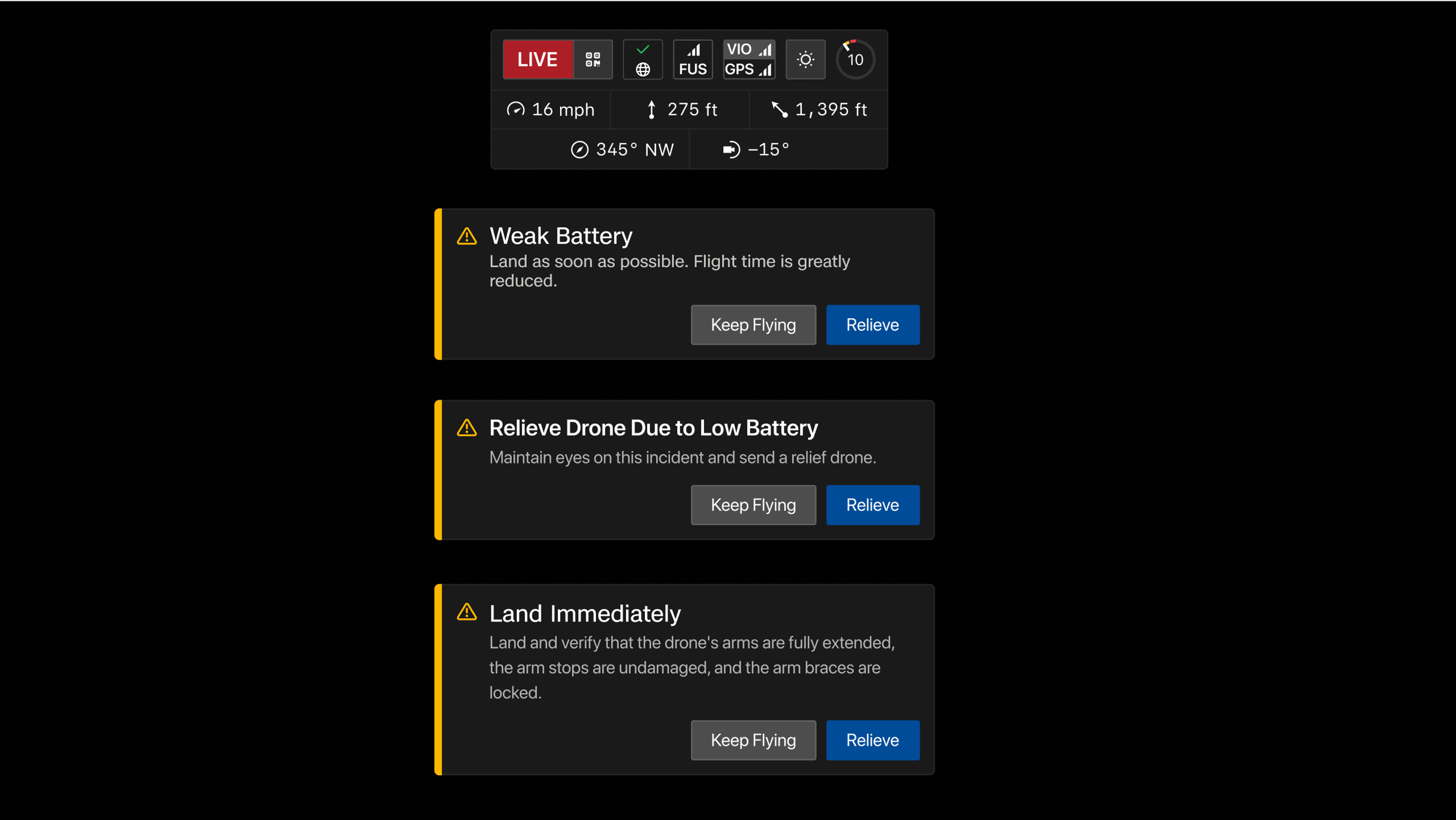 Overrode alerts and continued to fly with battery <5%