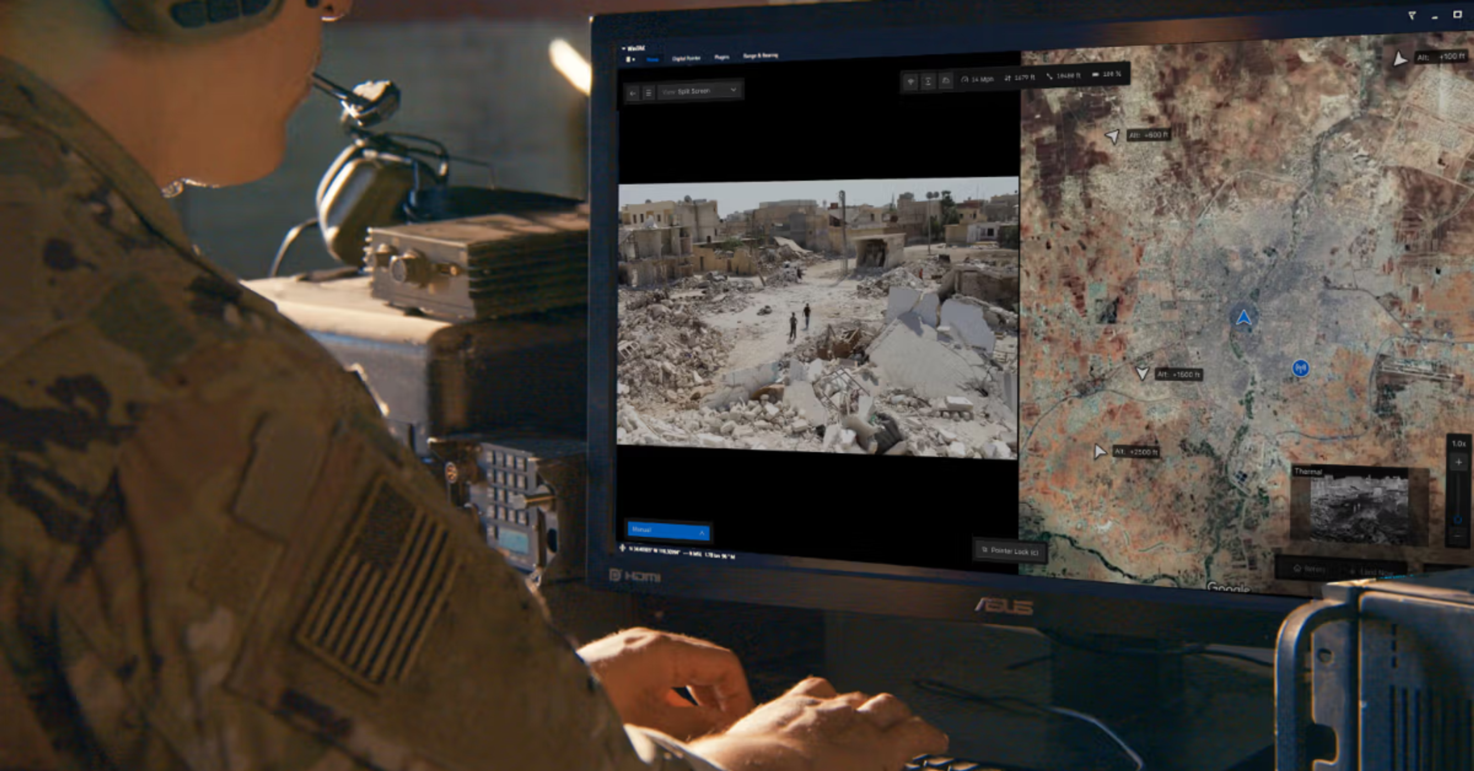 warfighter remotely viewing livestream video from Skydio X10D drone on a desktop monitor