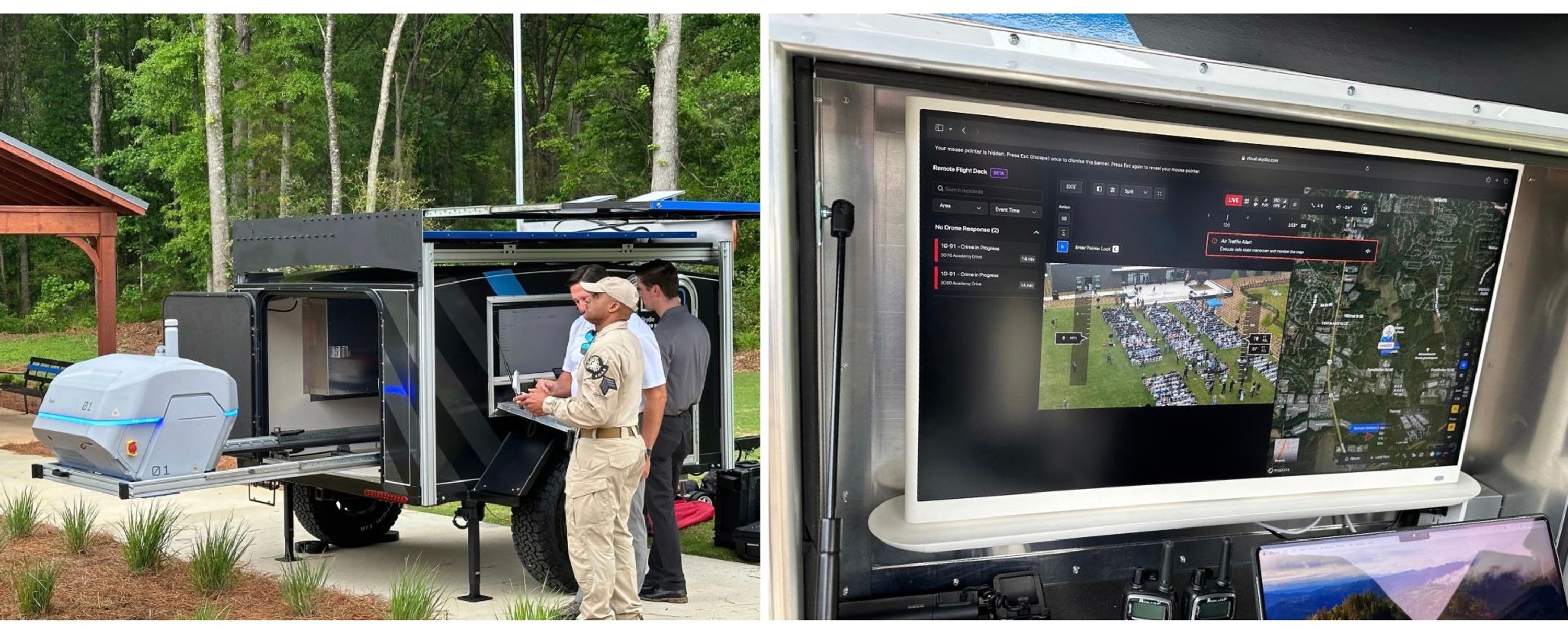 Atlanta public safety sUAS operator flying Skydio X10; Skydio DFR Command screen showing drone POV at Atlanta PSTC