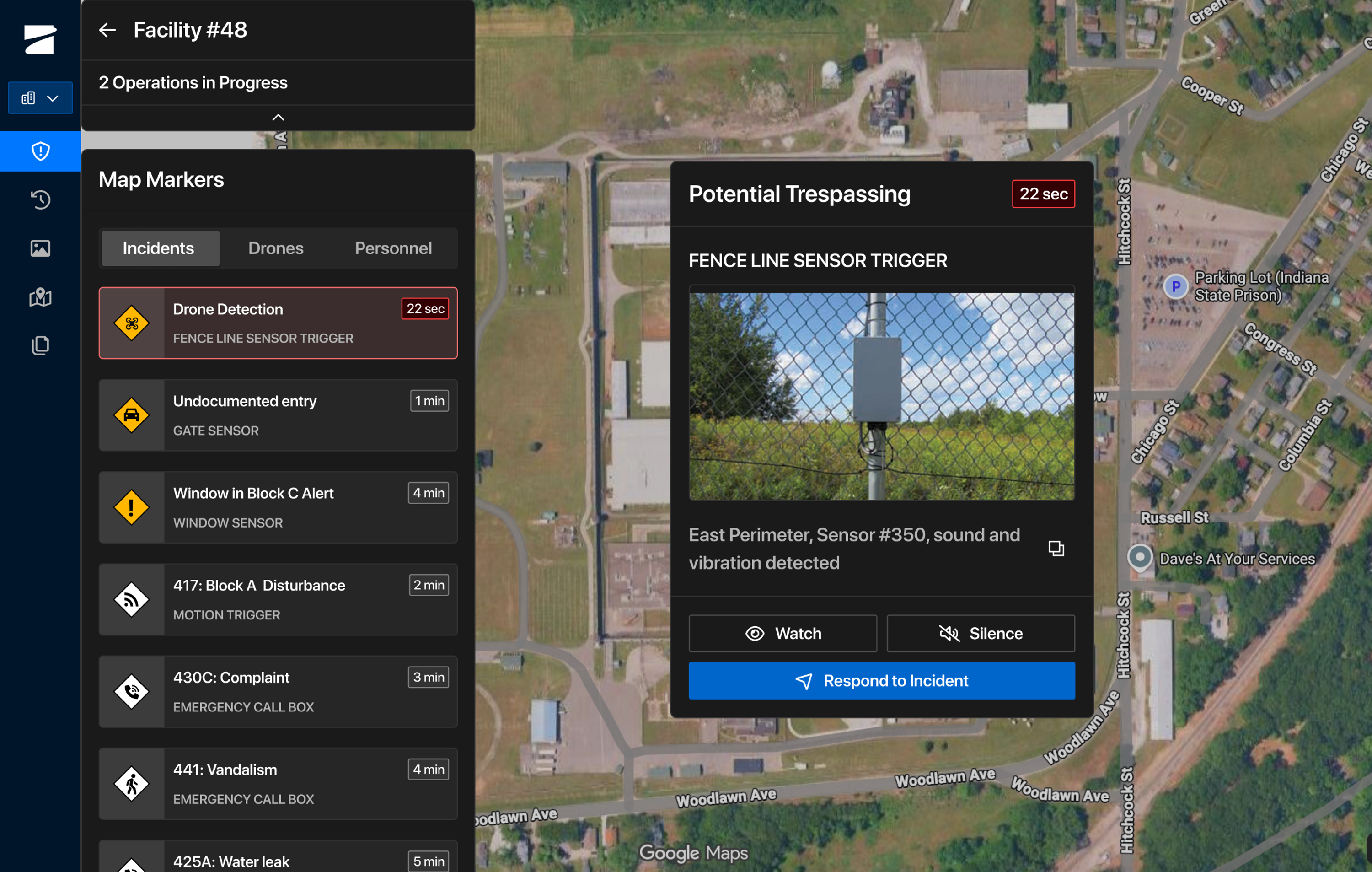 Unauthorized Drone in area alert, Fly Skydio X10 to location UI overlay on live feed