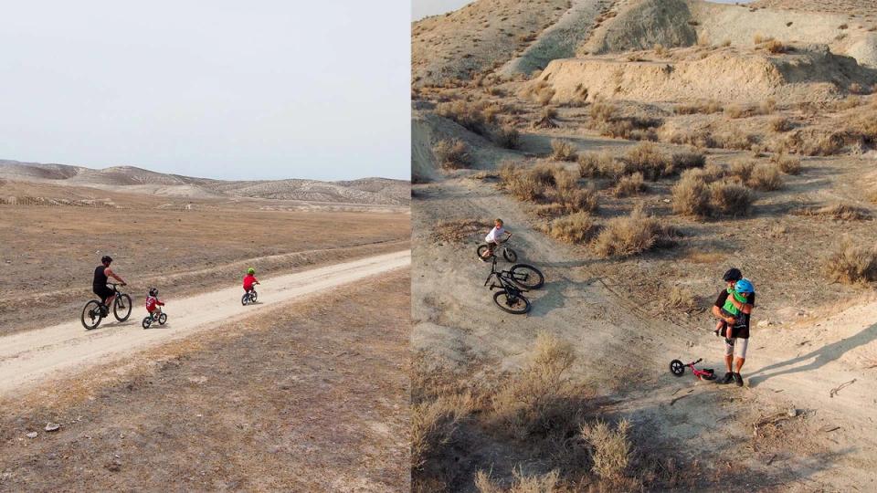 Dad films bike ride and kids with autonomous follow drone with obstacle avoidance