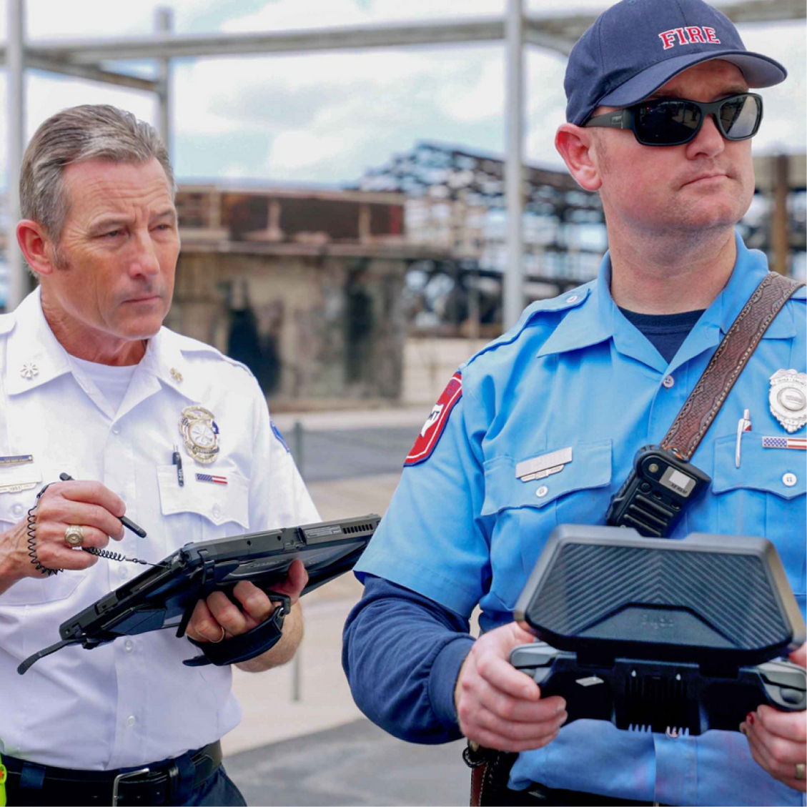 Firefighter drone pilot flying a Skydio drone to inspect the fire scene