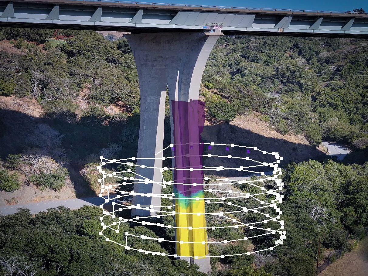 Skydio drone autonomously inspecting a bridge for defects