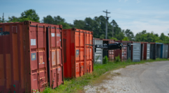 drone flying around storage units