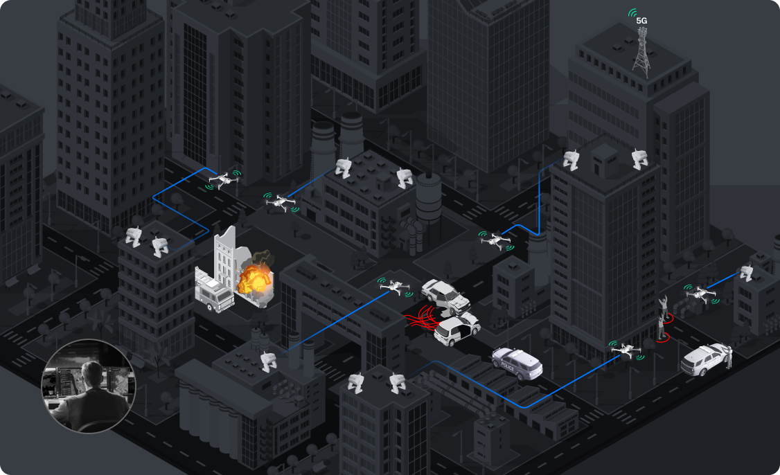 illustration of many drones across a city being released from the skydio dock