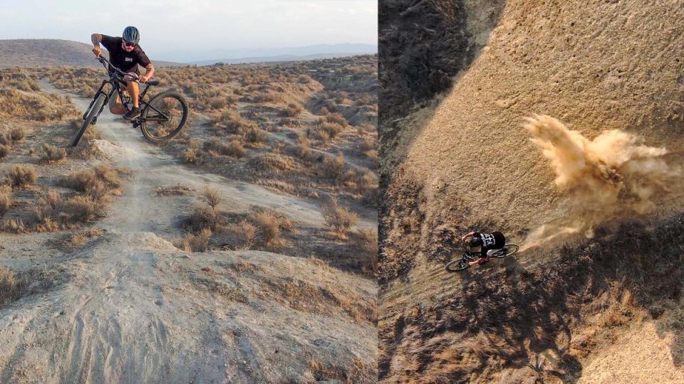 dirt jumps on mountain bike filmed by skydio 2 drone