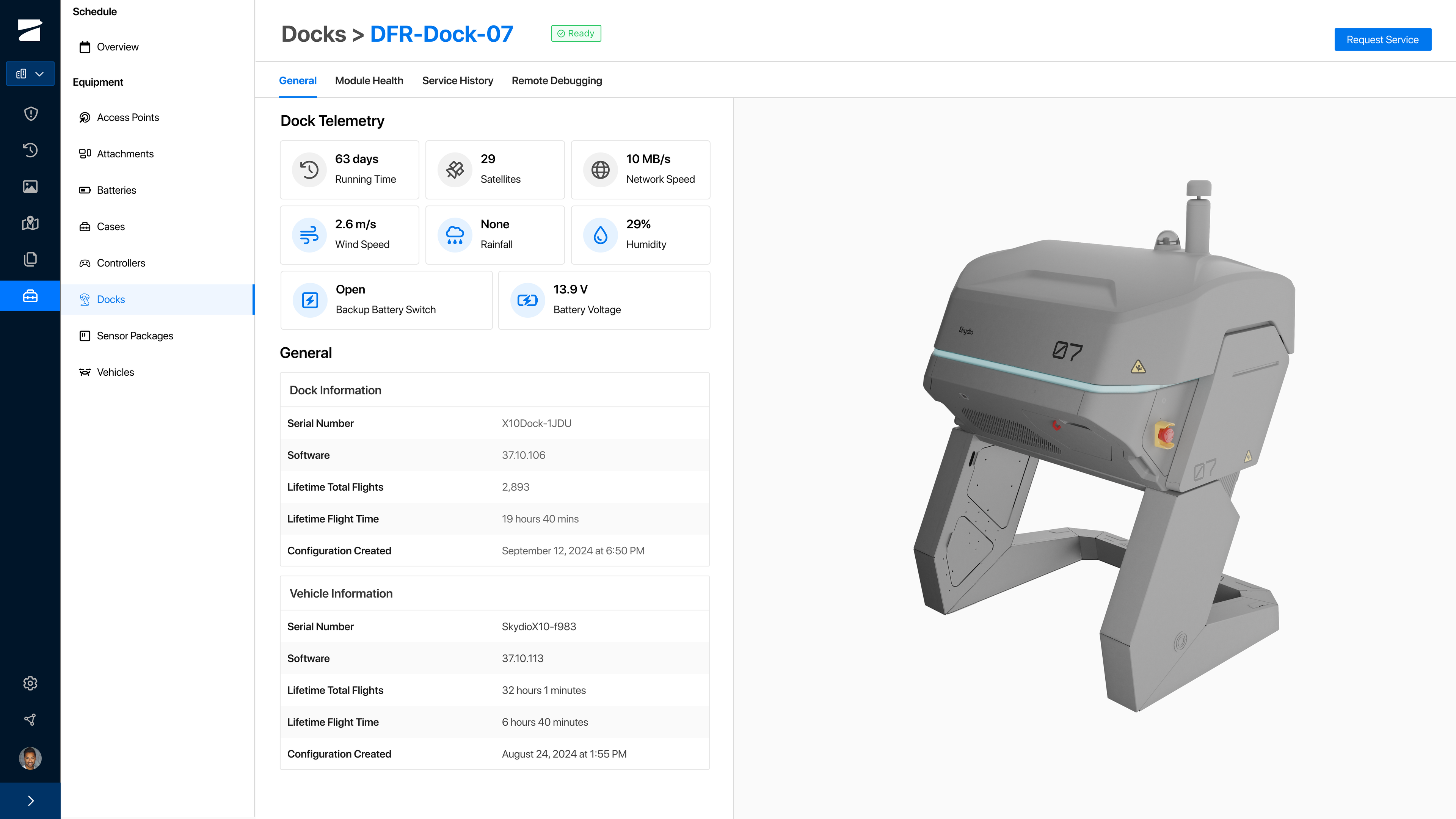 UI showing the dock maintenance screen - showing wind speed, humidity and more