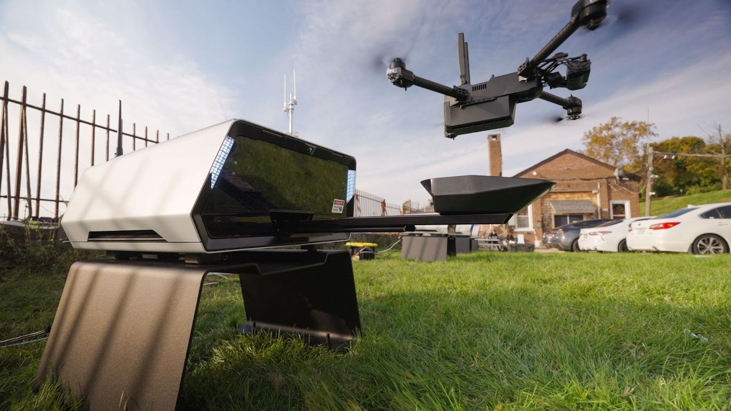 Skydio X2 launches from the charging dock to perform a scheduled inspection mission.