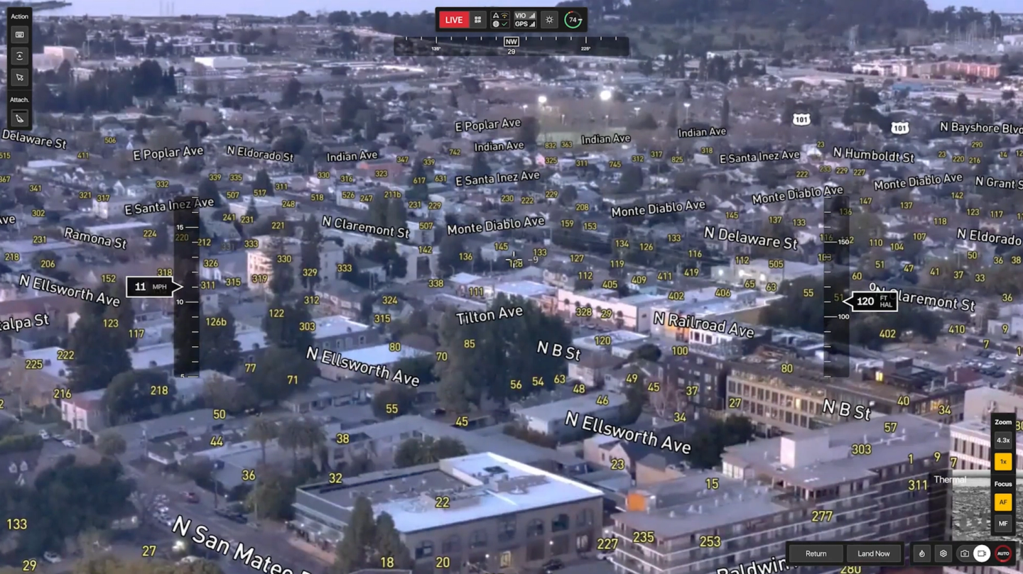 With Street Overlays, roadway names and addresses are presented in Augmented Reality right on the flight screen, so that drone pilots can instantly share intelligence with field teams without having to check a map or direct teams by referring to landmarks.