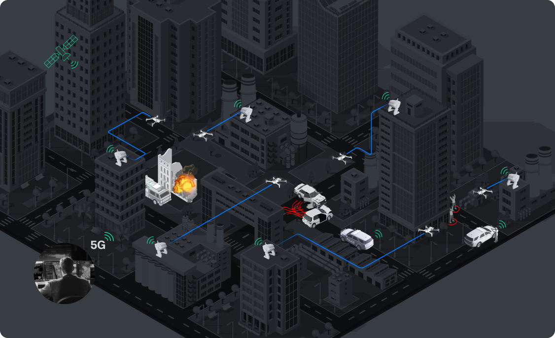 illustration of many drones across a city being released from the skydio dock