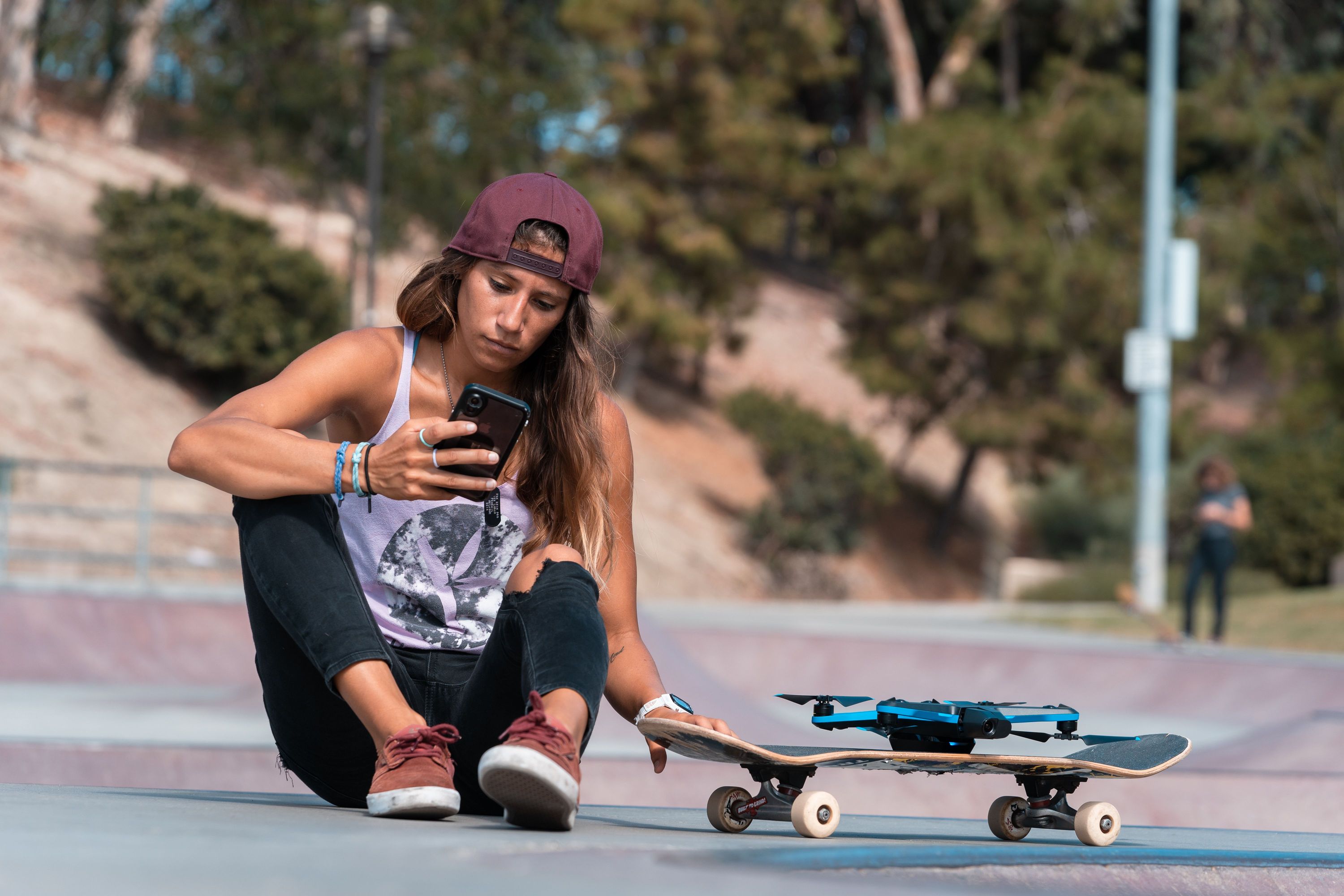 Amber Torrealba checking out her Skydio 2 footage