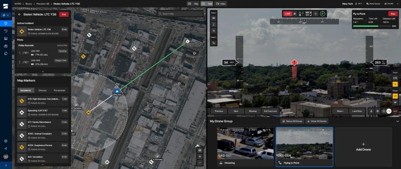 dfr command split screen, left side showing the overhead map, right side showing drone view