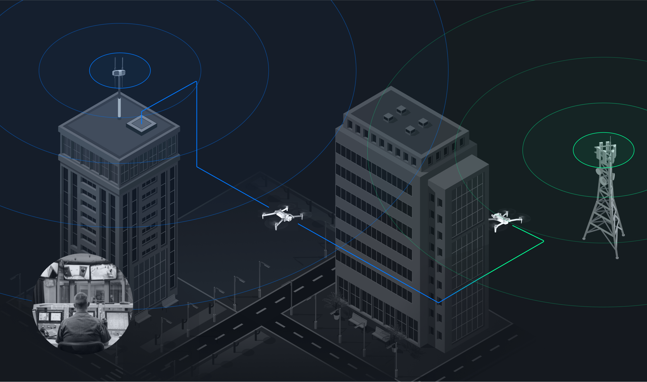 illustration of remotely controlled drone taking off from dock on top of building and navigating around city