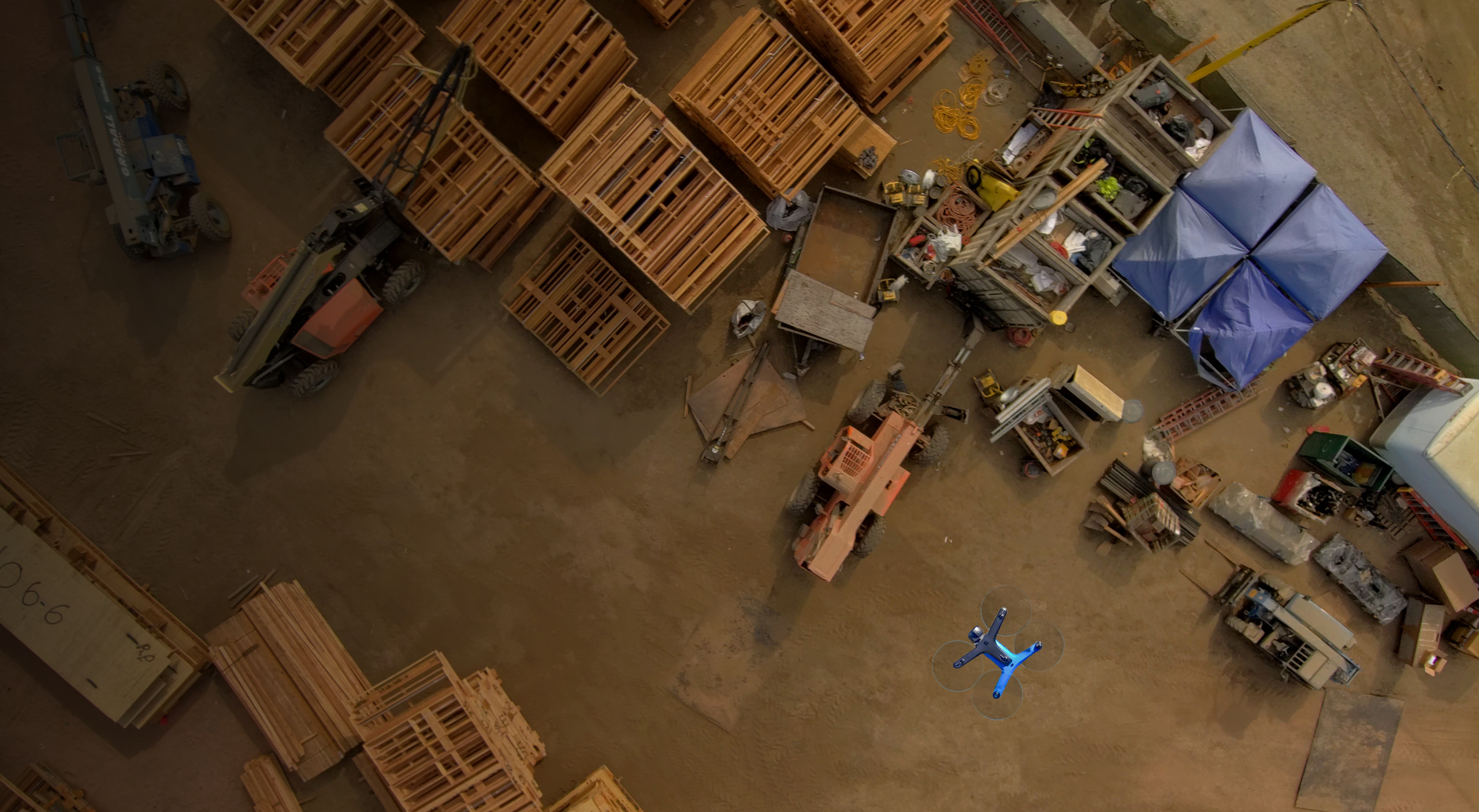 View of Skydio drone in flight above construction site