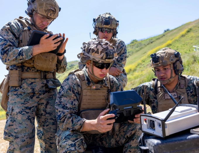 U.S. Marines operate a Skydio X2D unmanned aerial system during a small unmanned aerial system integration and counter-sUAS course at Marine Corps Base Camp Pendleton, California, April 30, 2024. The new three-week course teaches Marines how to tactically employ sUAS, offensively and defensively, in a live-fire environment. (U.S. Marine Corps photo by Sgt. Alexandra Munoz)