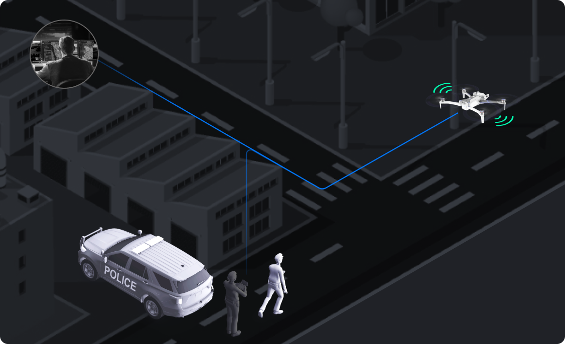 illustration of a drone being flown remotely while police on persuit 