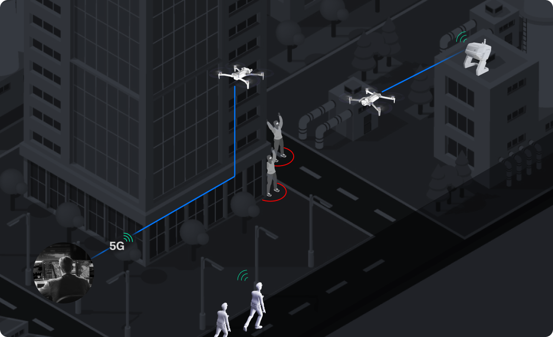 illustration showing two drones closing in on suspects ahead of police