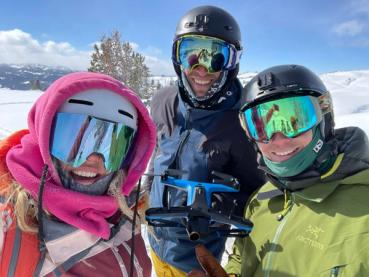 Alex Hogue and Phil Matteini filming skiing with Lynsey Dyer