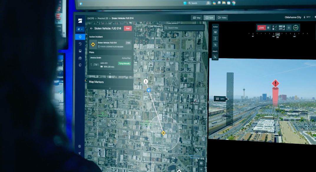 person looking at skydio dfr command screen while skydio x10 autonomously navigates to gps location of stolen vehicle