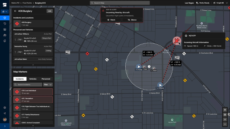 graphic showing screen capture of remote operating software with aircraft incoming in the area