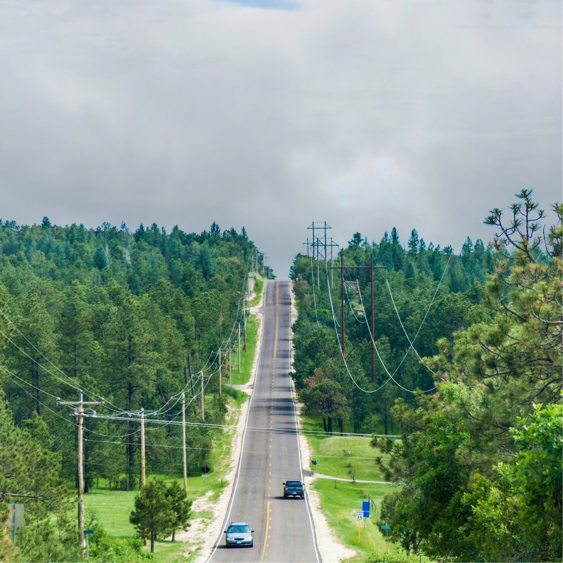 Aerial view of a road with power lines running along them