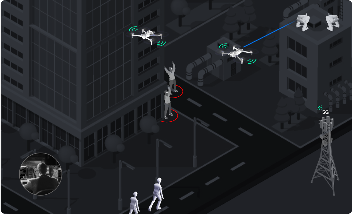 illustration showing two drones closing in on suspects ahead of police