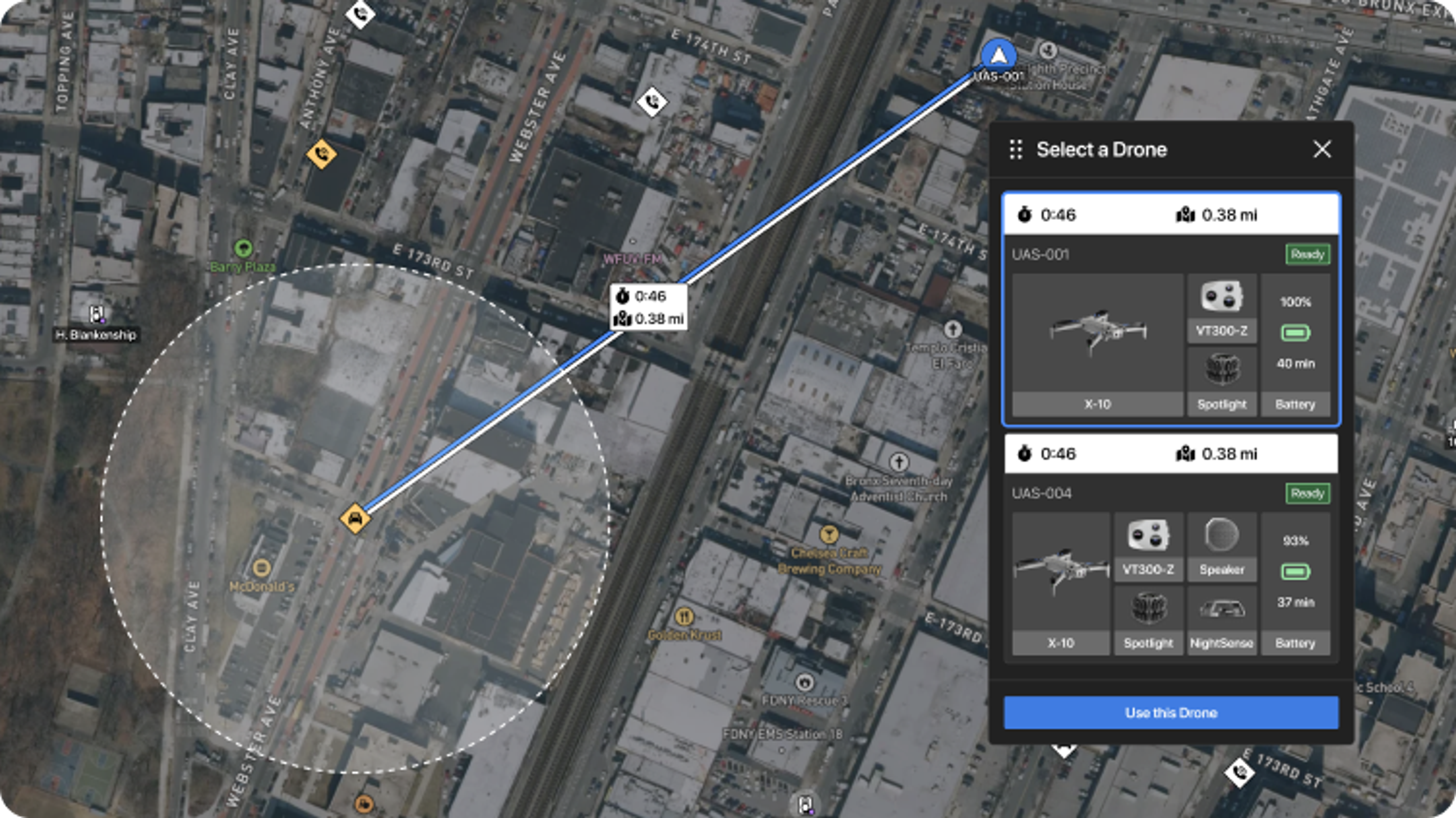 Software UI that shows Auotmated dispatch of drone after alert