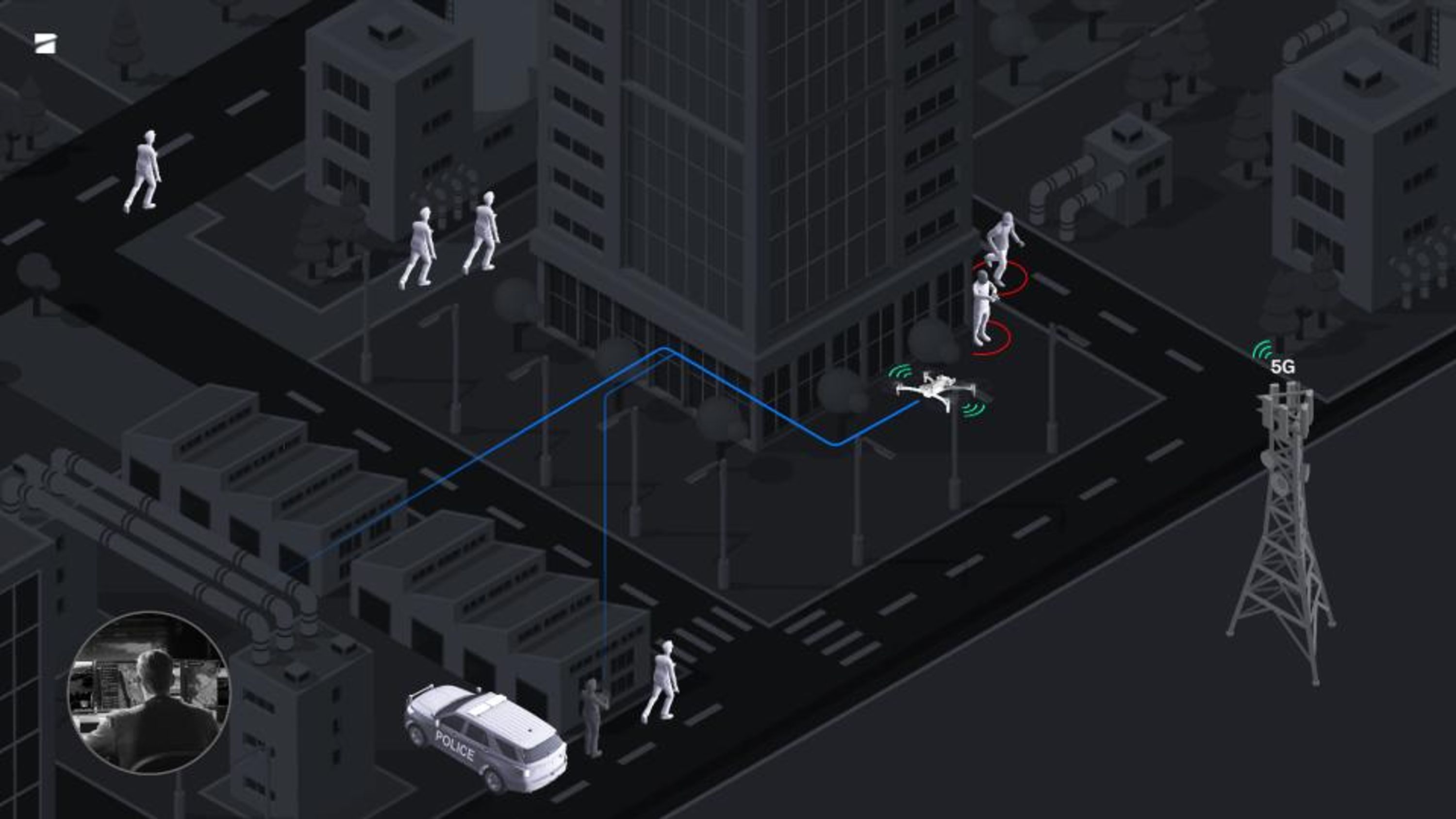 illustration showing two drones closing in on suspects ahead of police