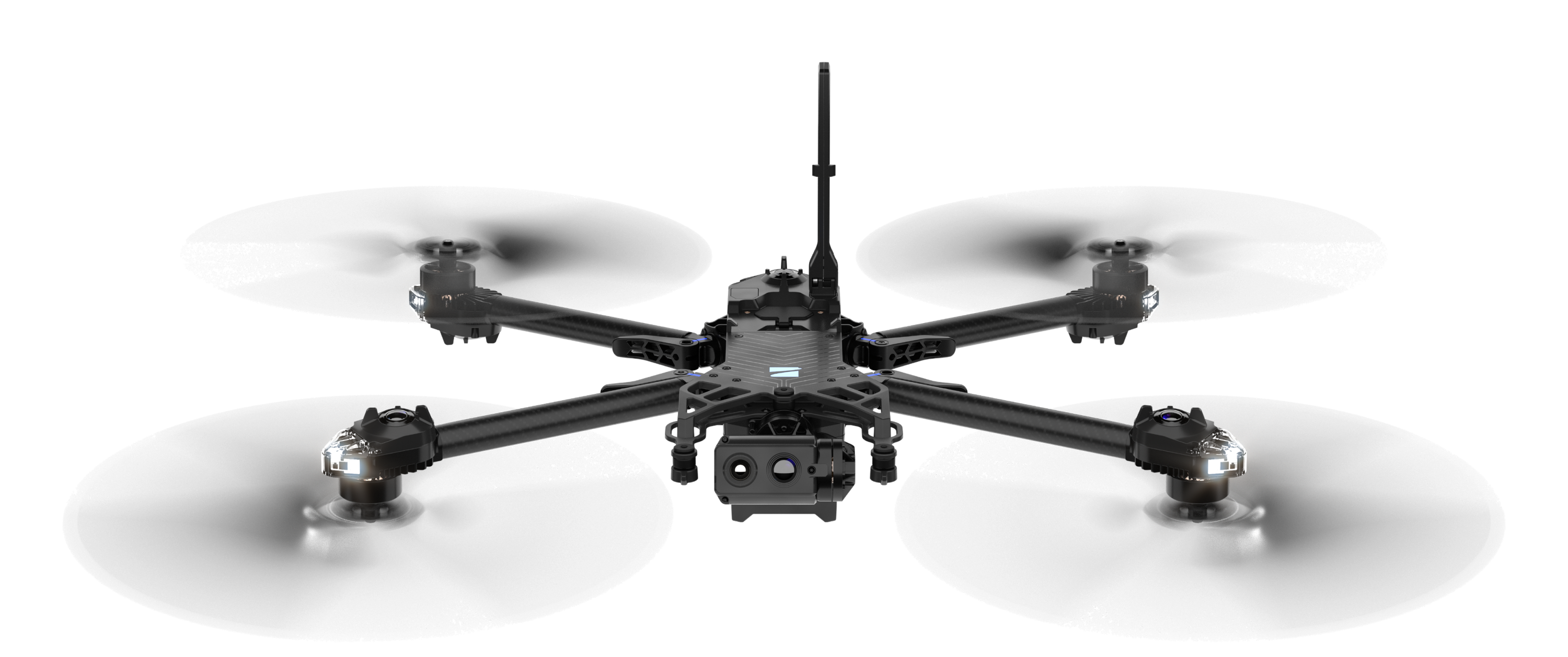 3/4 top profile angle of a Skydio X2D in flight on a completely black background,